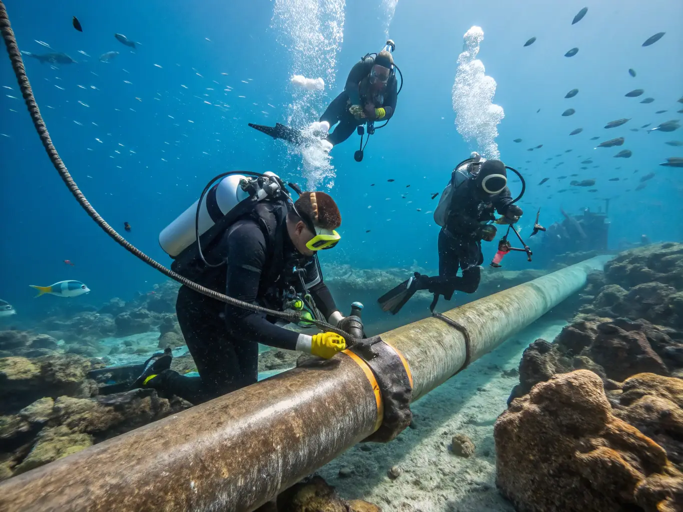 An underwater inspection team conducting a safety check on oil and gas infrastructure.