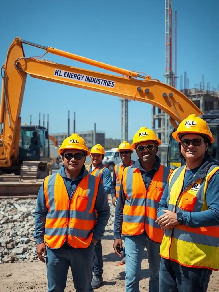 KL Energy Industries' team at work on a construction site, wearing safety gear and operating heavy machinery.